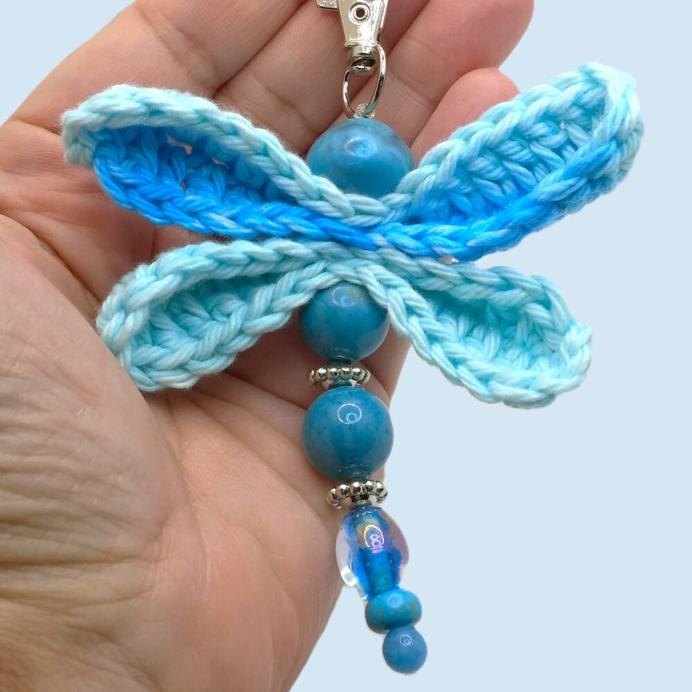 Crochet Wings Dragonfly Bag Charm Handmade Upcycled Blue Beaded Keychain NEW - Picture 3 of 9